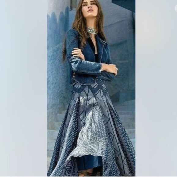 Free People Military Band Denim Jacket in Vintage Blue Moto Jacket Size XS - Picture 5 of 15